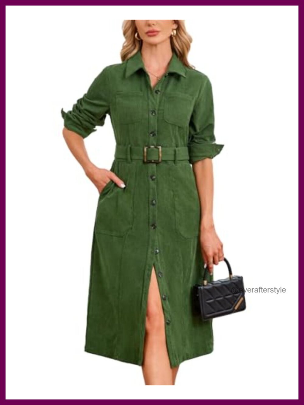 Corduroy Midi Dress Belted Button Down Shirt Dress Long Sleeve Pockets